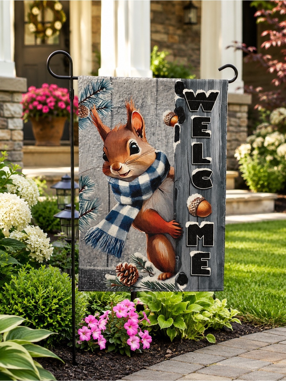 Welcome Squirrel Garden Flag - Blue Plaid Scarf double sided